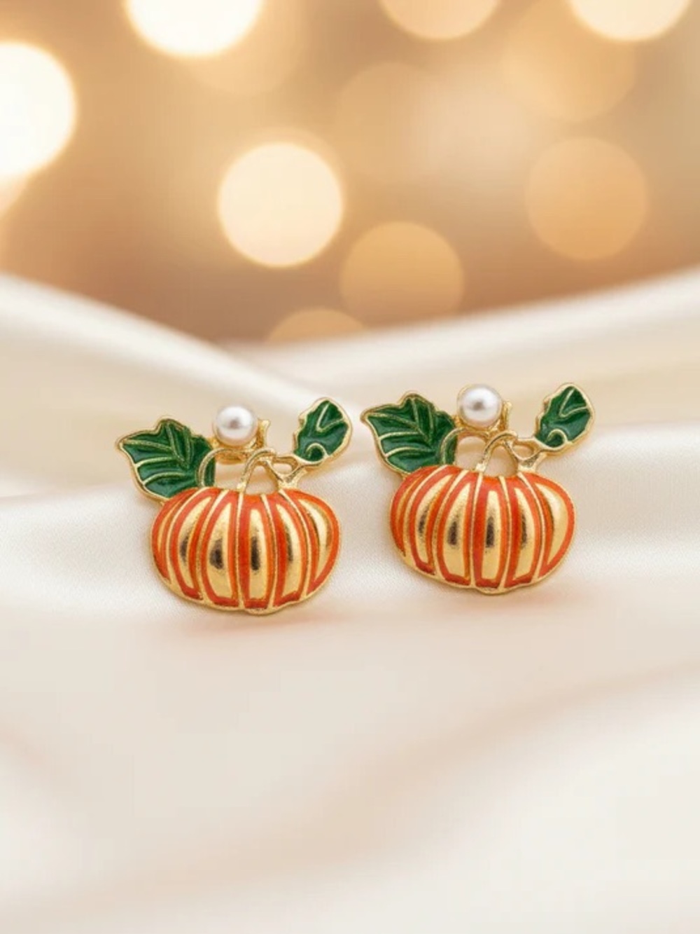 Gold-Tone Orange Pumpkin Stud Earrings with Green Leaves and Pearl Accent